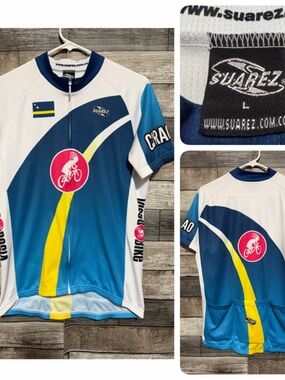 Suarez Cycling Jersey Men’s L White Blue Zip Up Performance Back Pocket